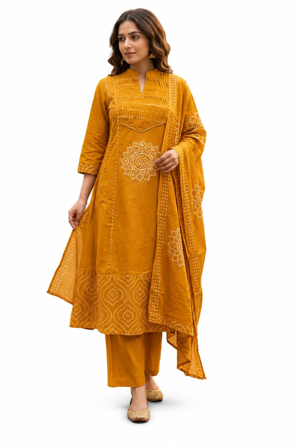 Women's Pure Cotton Bandhani Printed Pintuck Yoke Design 3-Piece Ethnic Suit Kurta Trouser & Dupatta Set-picture-43