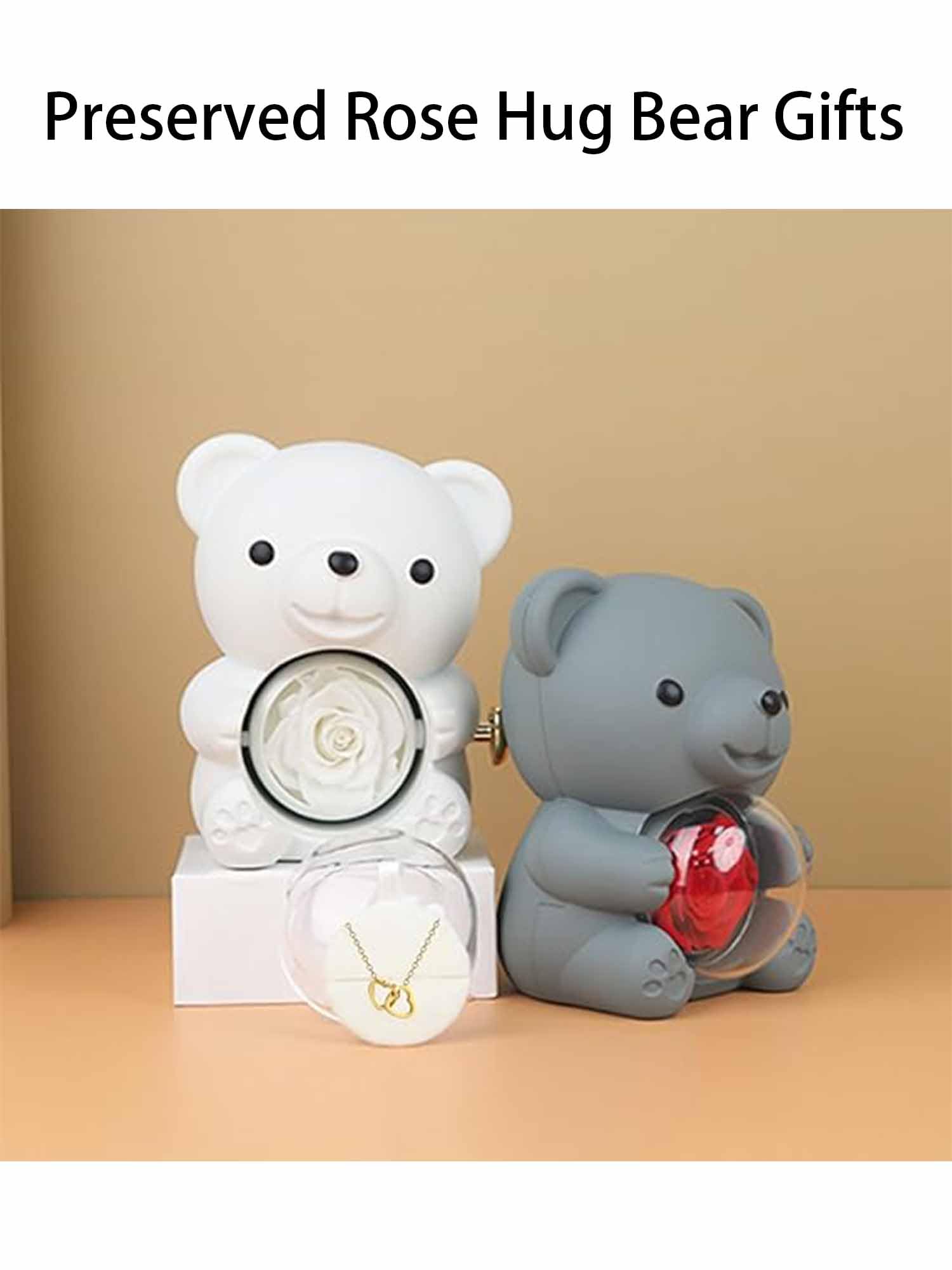Regalo de oso de abrazo de rosas preservadas para mujeres con collar de corazón, rosas eternas, regalos para esposa, mamá, abuela, novia, Navidad, día de San Valentín, cumpleaños (rojo, plata S925)