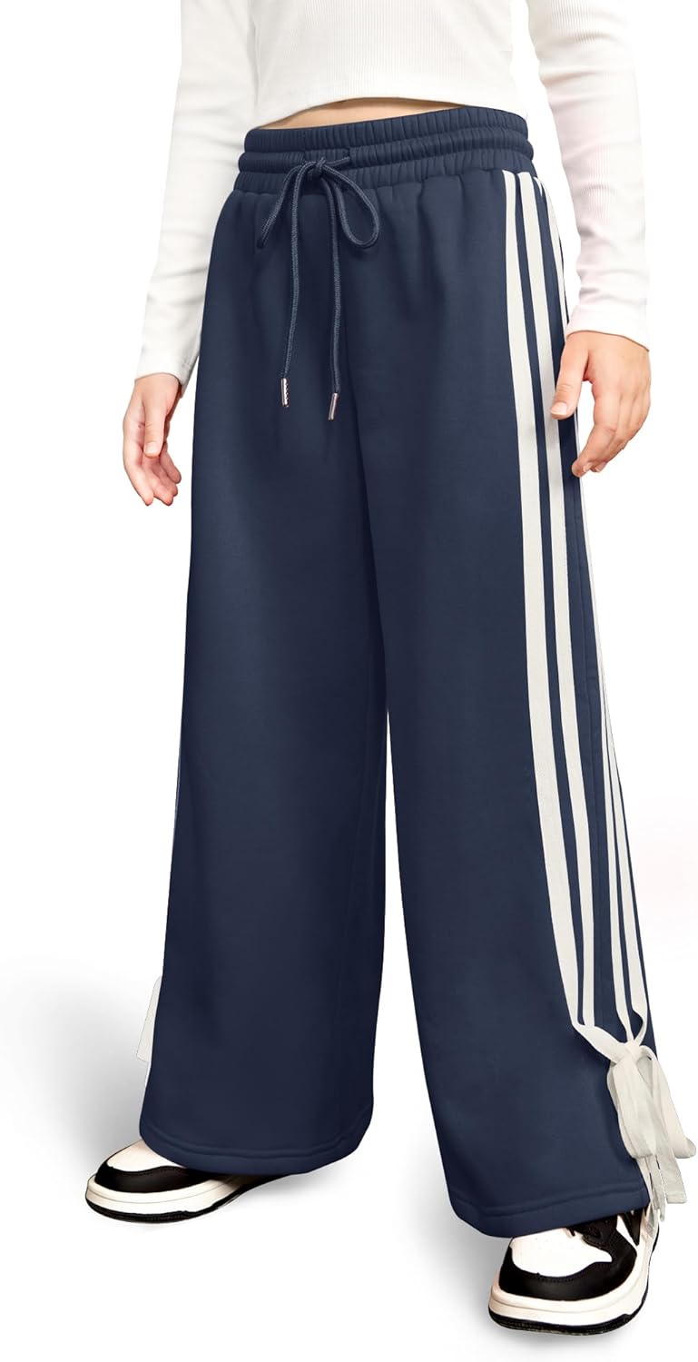 Girls Winter Trendy Striped Side Baggy Track Pants Cute Bowknot Y2K Wide Leg Sweatpants 5-14 Years
