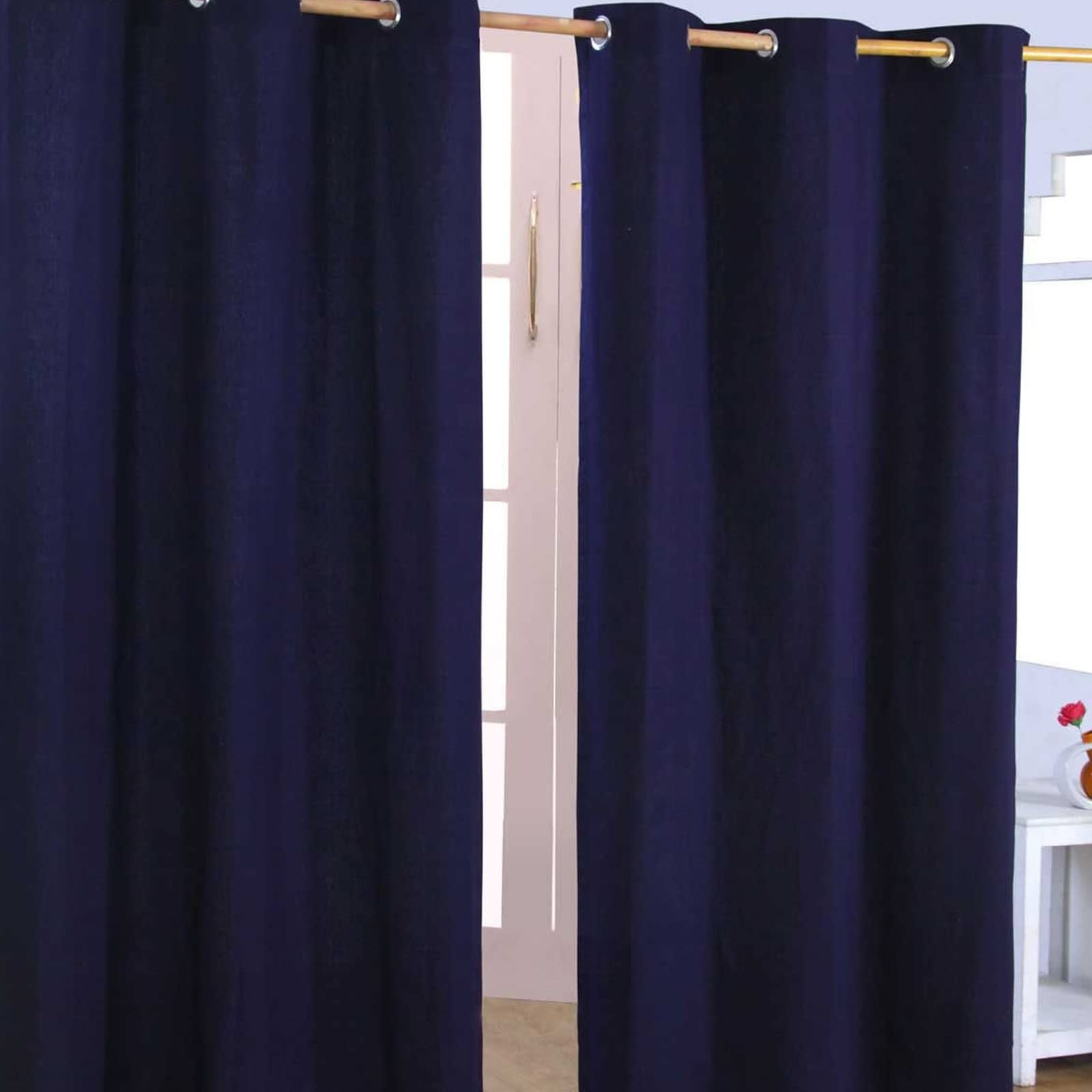 Homescapes Unisex Navy Plain Cotton Ready Made Eyelet Curtain Pair In 140Cm Width X 183Cm Drop Kids