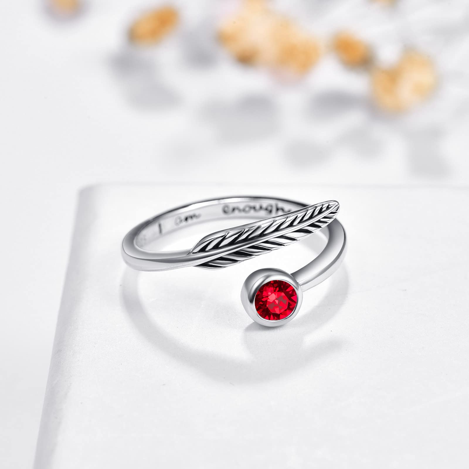 Birthstone Adjustable Open Feather Ring 925 Sterling Silver Birth Stone Ring Jewelry Gift Birthday Gift for Mom Women Wife Girls