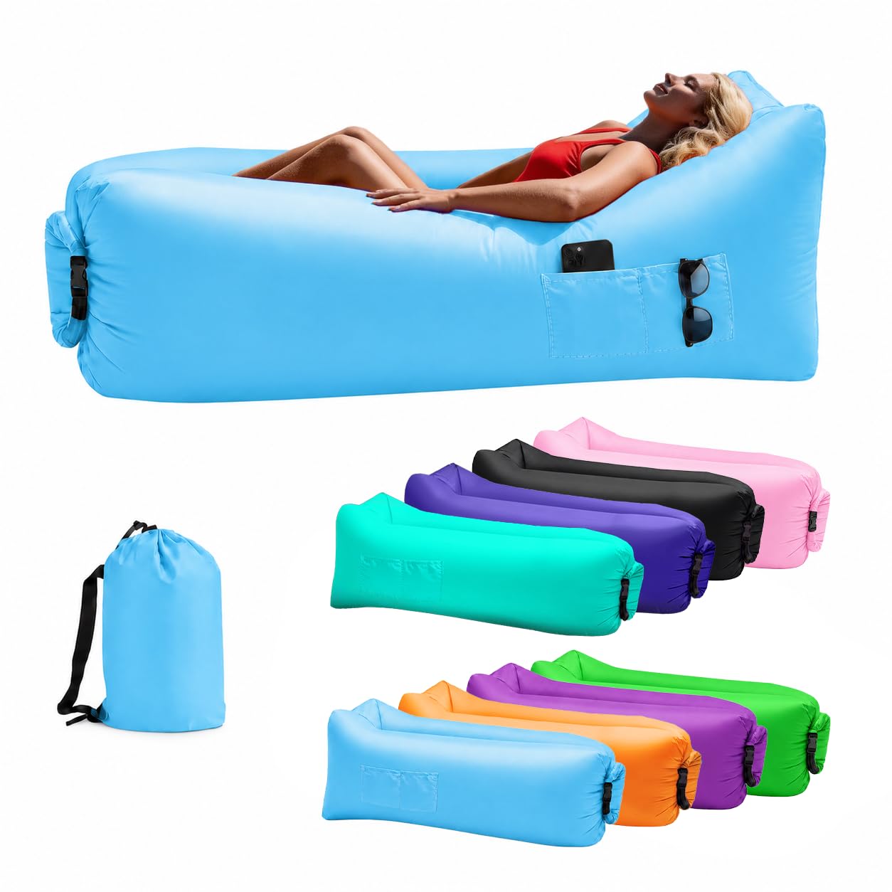 Inflatable Sun Air Lounger with Carry Bag, 180CM Portable Blow Up Sofa Bed for Beach Camping Garden 2026 Upgraded, Waterproof Inflatable Couch Sunbed for Outdoor Travel Picnics Hiking (Sky Blue)