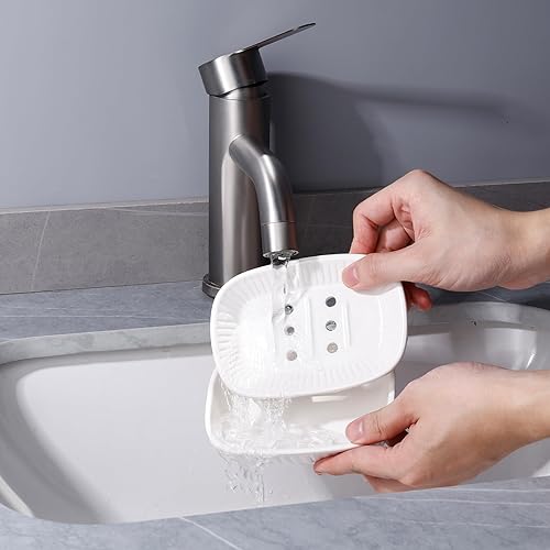 Miniatura 8 de Jabonera de mármol de cerámica autodrenante, soporte de jabón de doble capa con drenaje, jabonera para baño, tocador, ducha, cocina, fácil de