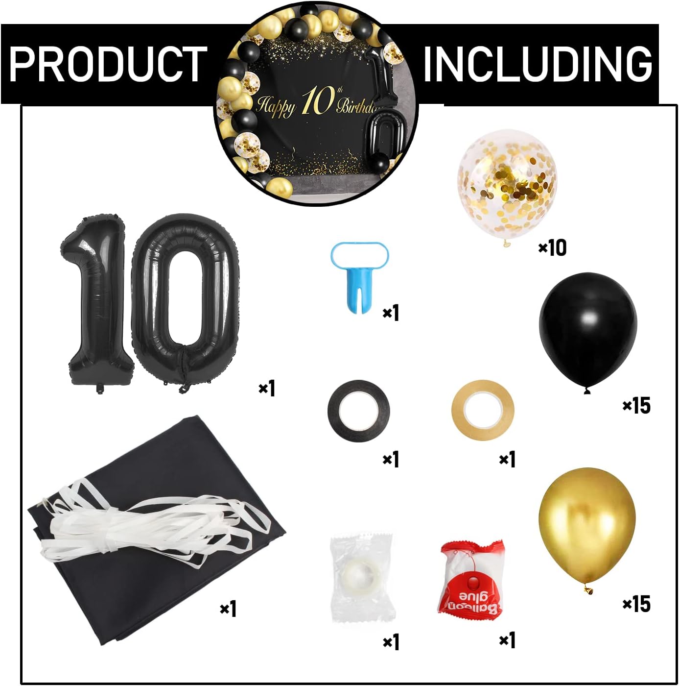 Happy 10th Birthday Balloons Black Set Decor - Cheers to 10 Years Old Party Theme Garland Banner Backdrop Decorations For Boy and Girl Supplies