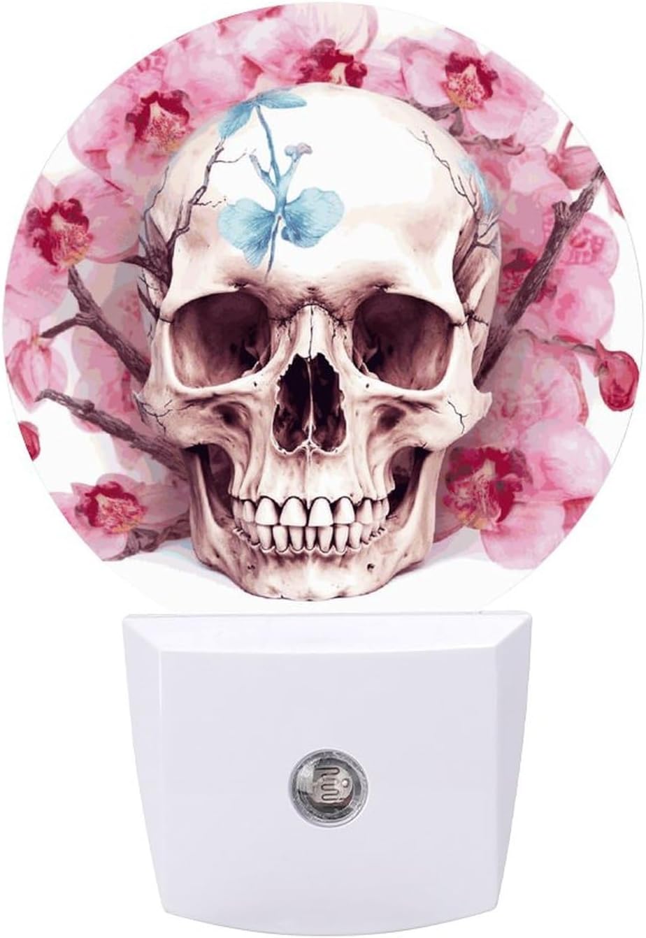 Human Skull Pink Flowers Plug-in LED NightLight Wall Night Light Smart Autodusk to Dawn Night Lights Plug Into Wall White Energy Efficient Nightlights for Bathroom,Kitchen,Stairs,Hallway