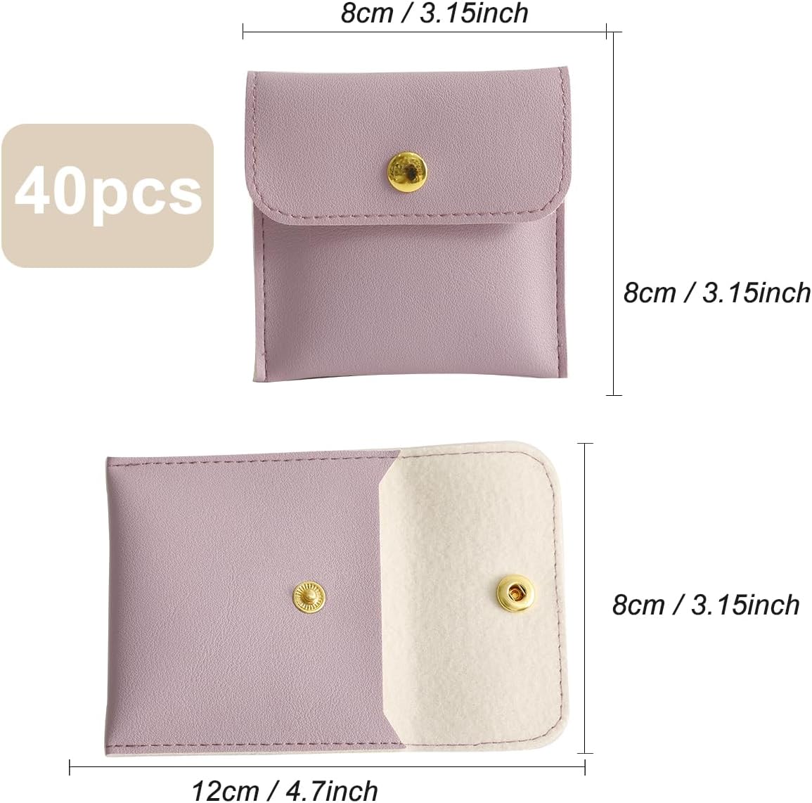 40pcs PU Leather Small Bags for Jewelry 8 x 8cm Snap Button Jewelry Packaging Bag Light purple Luxury Small Favor Bags Jewelry Gift Bags for Earrings Necklaces Bracelet Ring