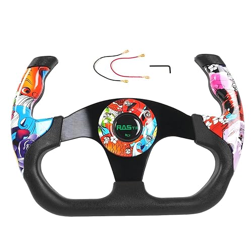 Vista 14 de RASTP Volante de carreras en forma de D, 12.8 pulgadas/12.795 in de piel de ante estilo de carrera Sim Racing volante (negro con costuras rojas)