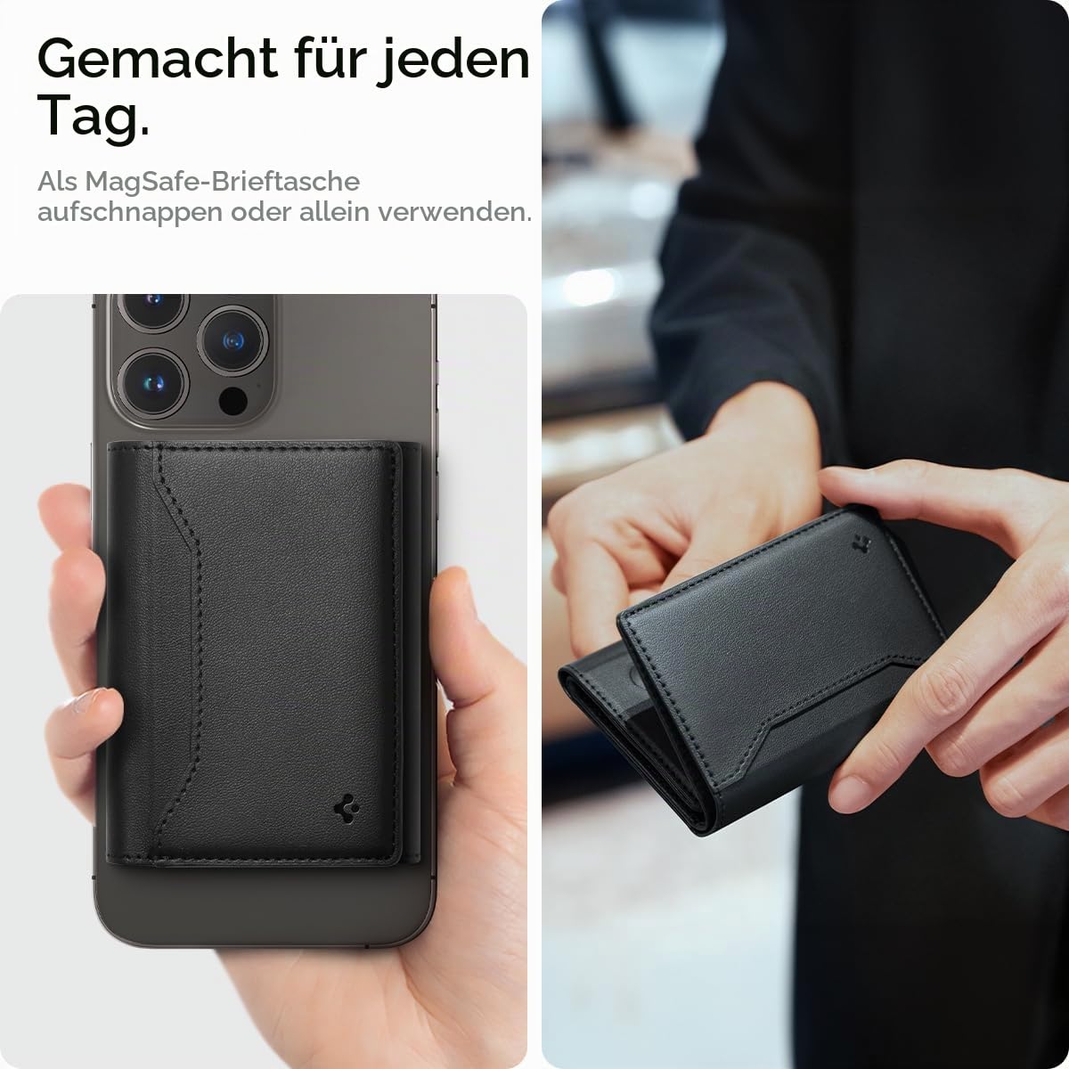 Spigen Valentinus S MagFit Magsafe Wallet 7 Kartenfächer, Geldscheinfach, Apfelleder, RFID-Schutz, Multifunktionaler Ständer für iPhone 17/16/15, MagSafe-Modelle, Google Pixelsnap - Schwarz