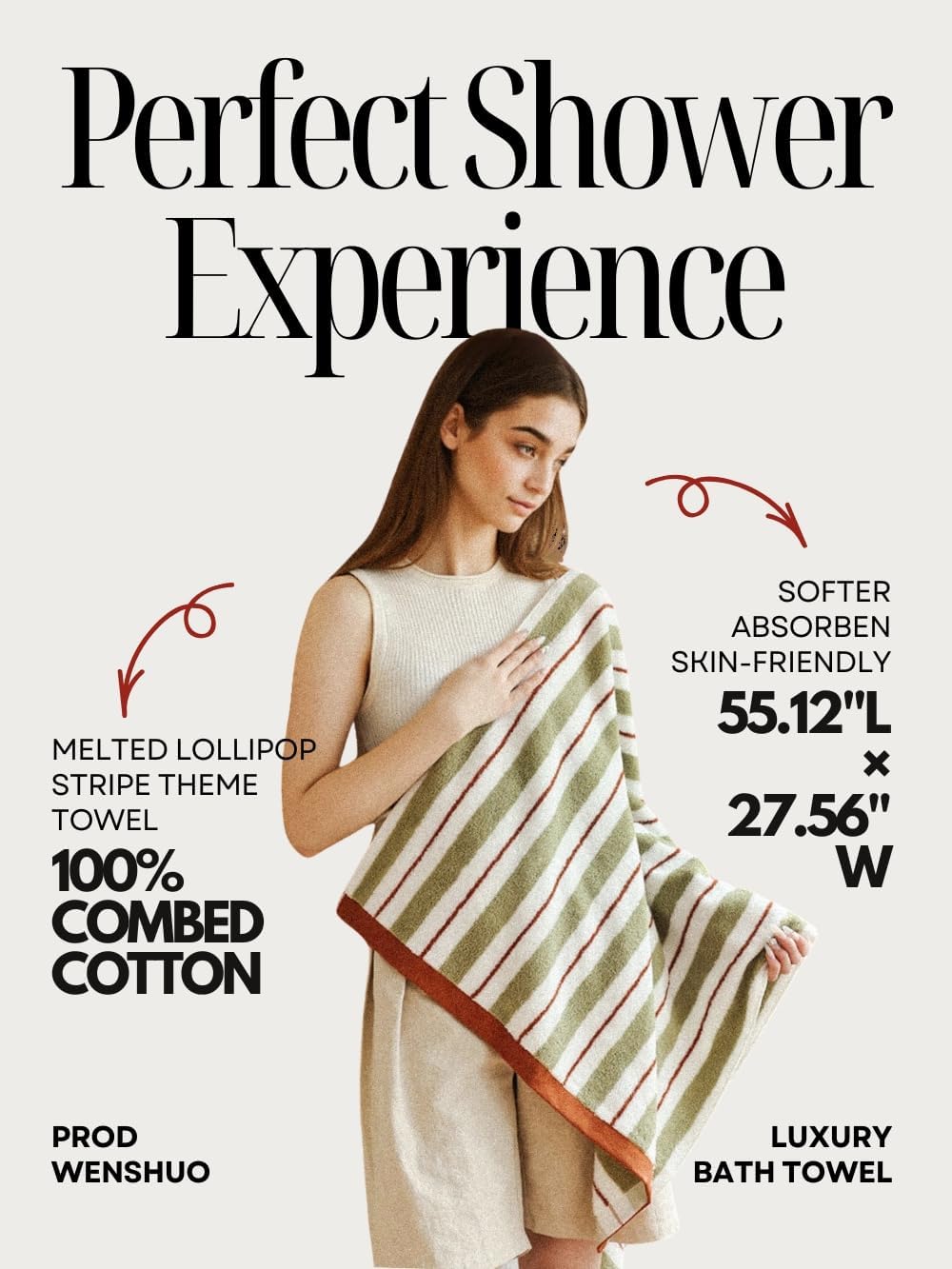 WENSHUO Melted Lollipop-Striped Pure Cotton Bath Towel,100% Combed Cotton,Luxury Shower Towel,Super Absorbent(Pack of 1) (55.12" L × 27.56" W) - Image 4