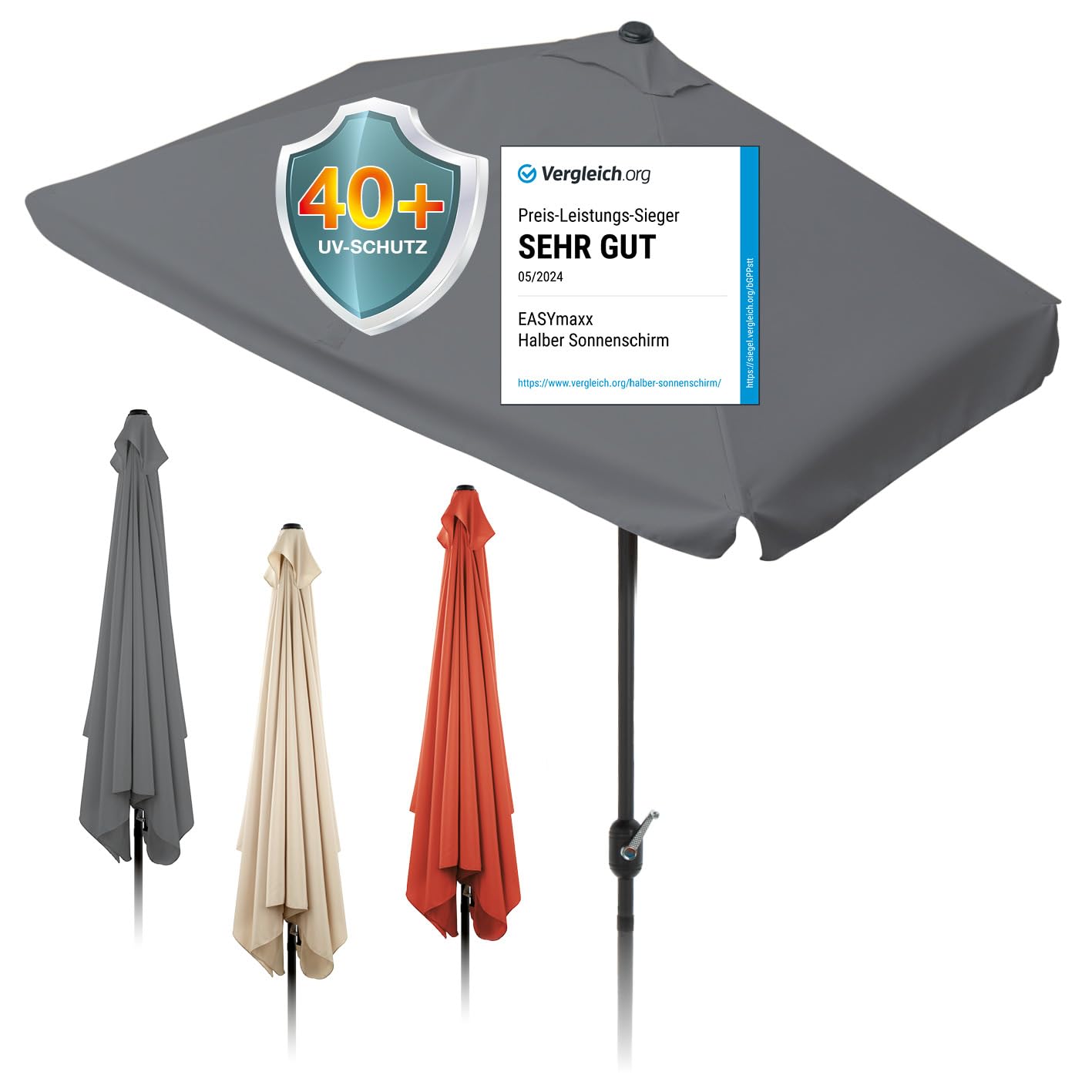 EASYmaxx Sonnenschirm rechteckig | 230 x 140 x 253 cm | für Balkon und Terrasse | passgenau für Wände | mit praktischer Handkurbel und Sonnenschutz UV-Schutz 40+ | spendet Schatten