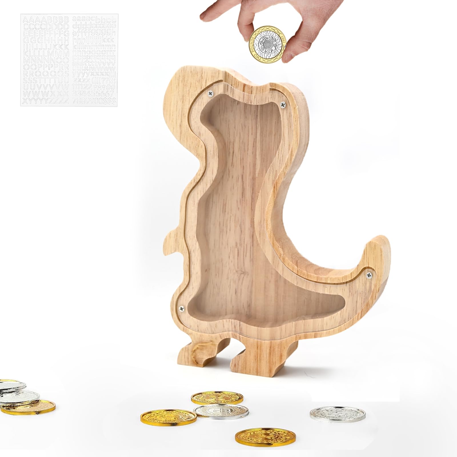 TOTHDATE Animals Wooden Money Box - Dinosaur, Money Box with Alphabet Stickers Wooden Coin Bank for Home Decoration