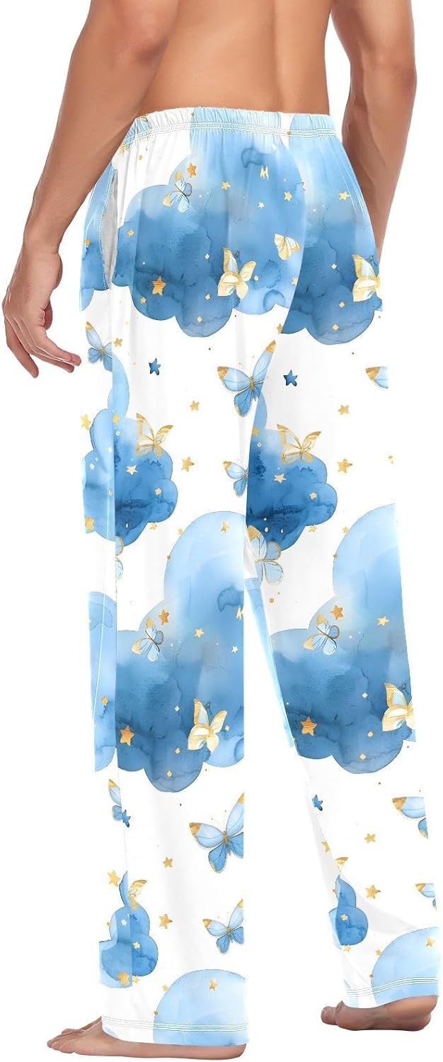 ALAZA Butterfly Stars Watercolor Men's Pajama Pants Men Cotton Pajama Bottoms with Pockets, S