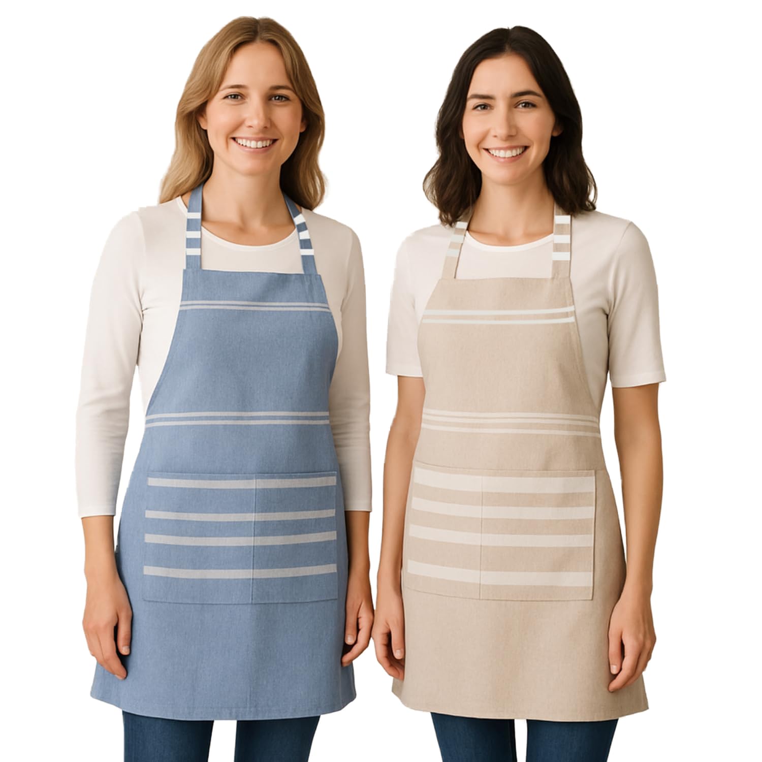 Värde 2 Pcs Unisex Cooking Aprons | Spillproof Layer | Striped Design with 2 Front Pockets & Free Size Neck Strap | Durable, Oil & Stain Resistant | Chef Apron for Cooking (Rock Blue & Cream)