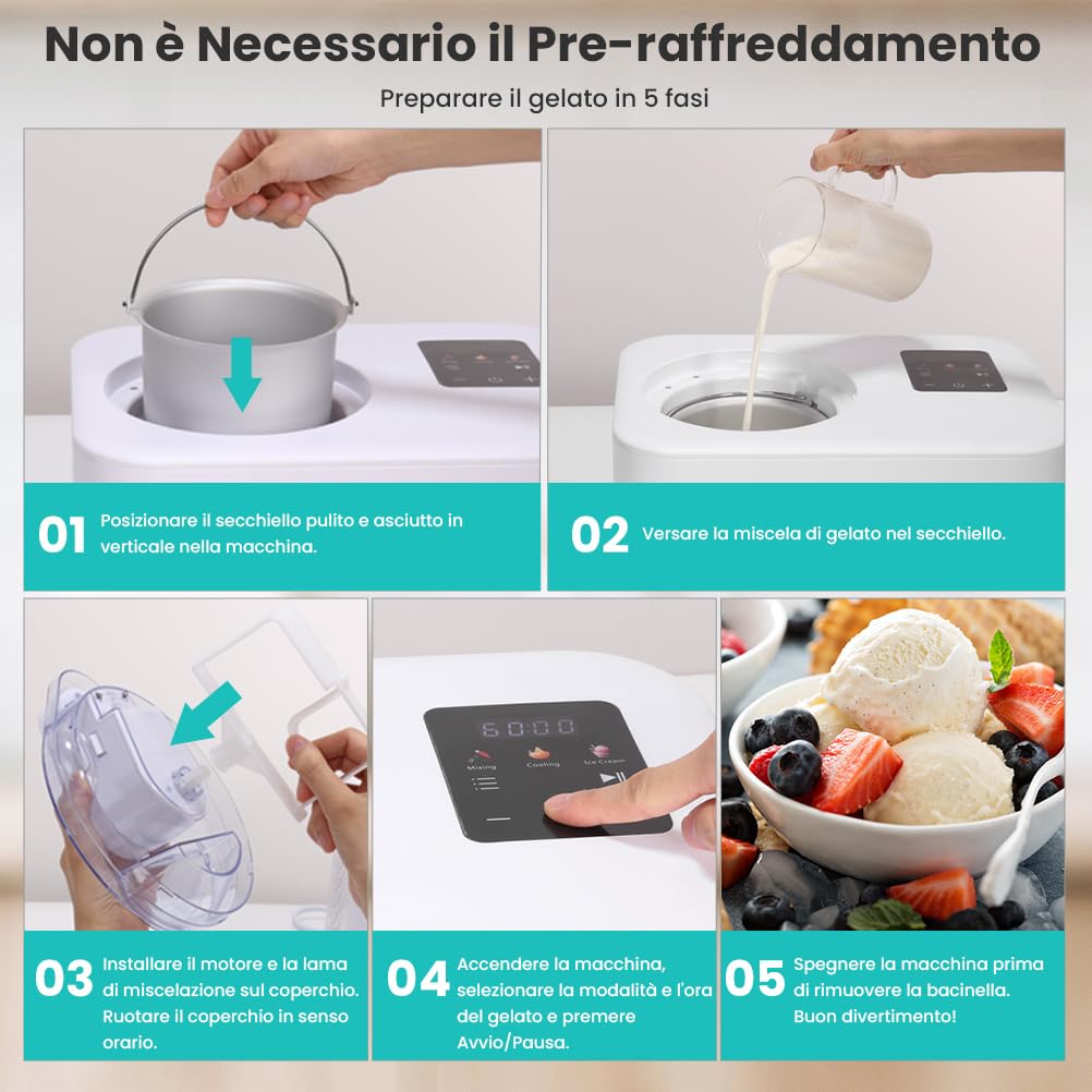 Gelatiera con Compressore 1,2L, Gelatiera per Gelato Professionale, Autorefrigerante Macchine Gelato, con Ciotola Estraibile in Alluminio/Paletta per Gelato/Tazze Graduate