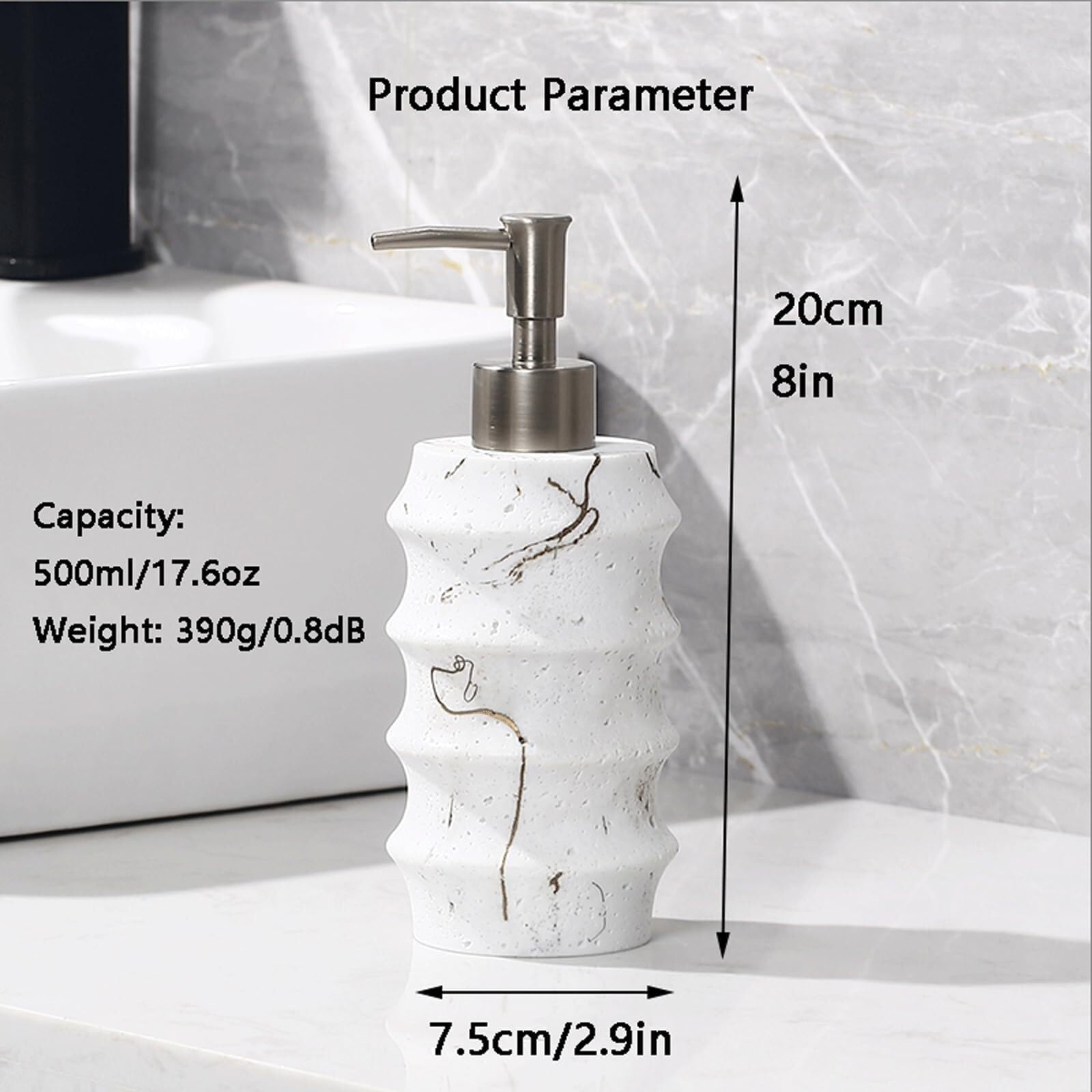 Set di accessori per il bagno Distributore di sapone for piatti da banco in pietra arenaria con pompa argentata Arredamento per gli affittuari(White Set-2)