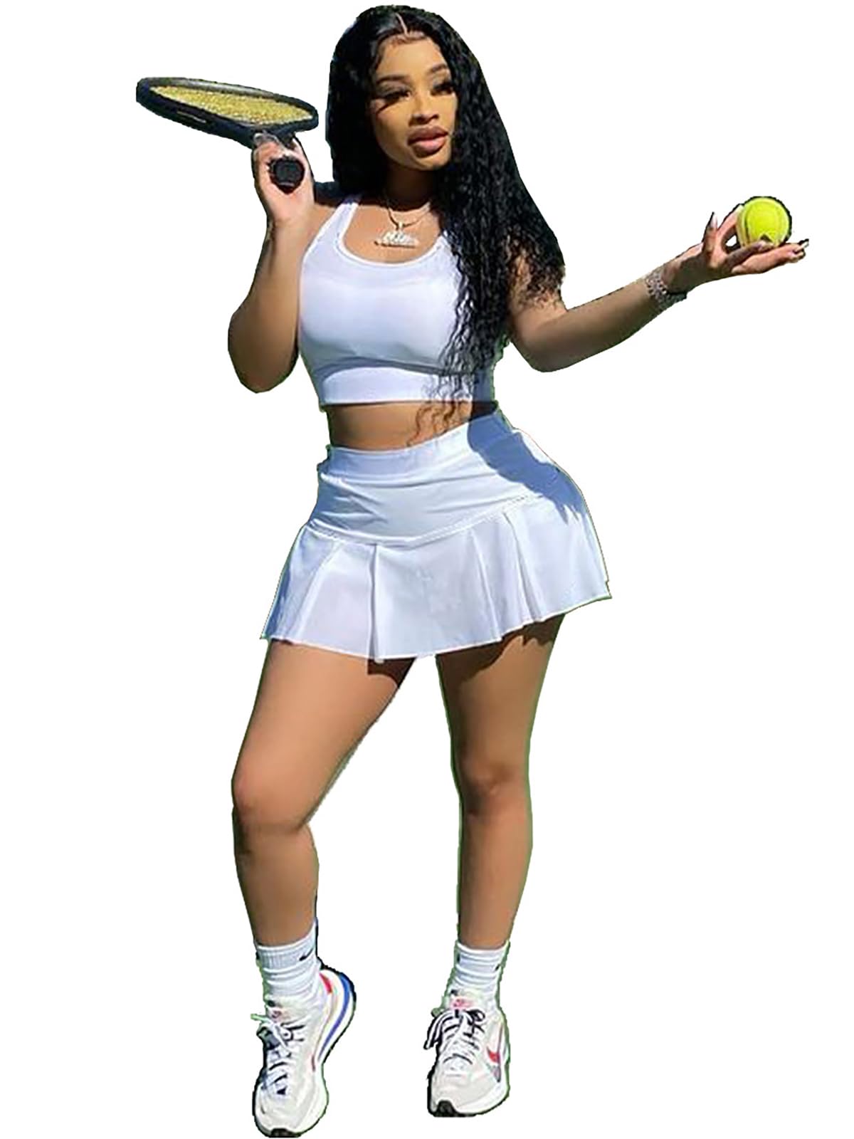 Tennis Skirt Sets Women 2 Piece Outfits Summer Athletic Tank Crop Tops Golf Skater Mini Pleated Skorts Skirts Activewear White XL