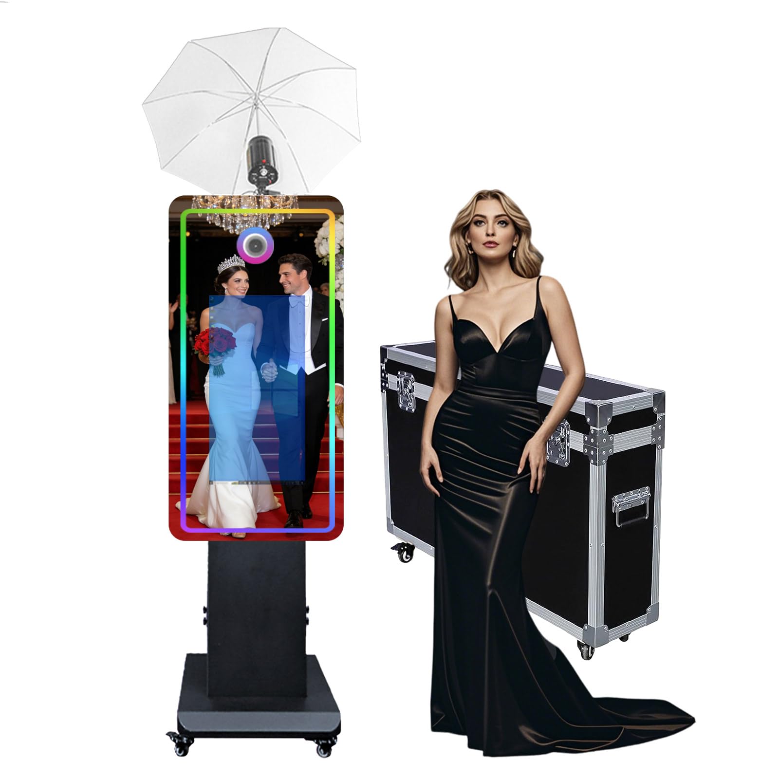 Magiczne lustrzane fotobudka z ekranem dotykowym i miękkim światłem, fotobudka ze światłem RGB, pomysł na drukowanie i udostępnianie na imprezę (czarna, fotobudka)
