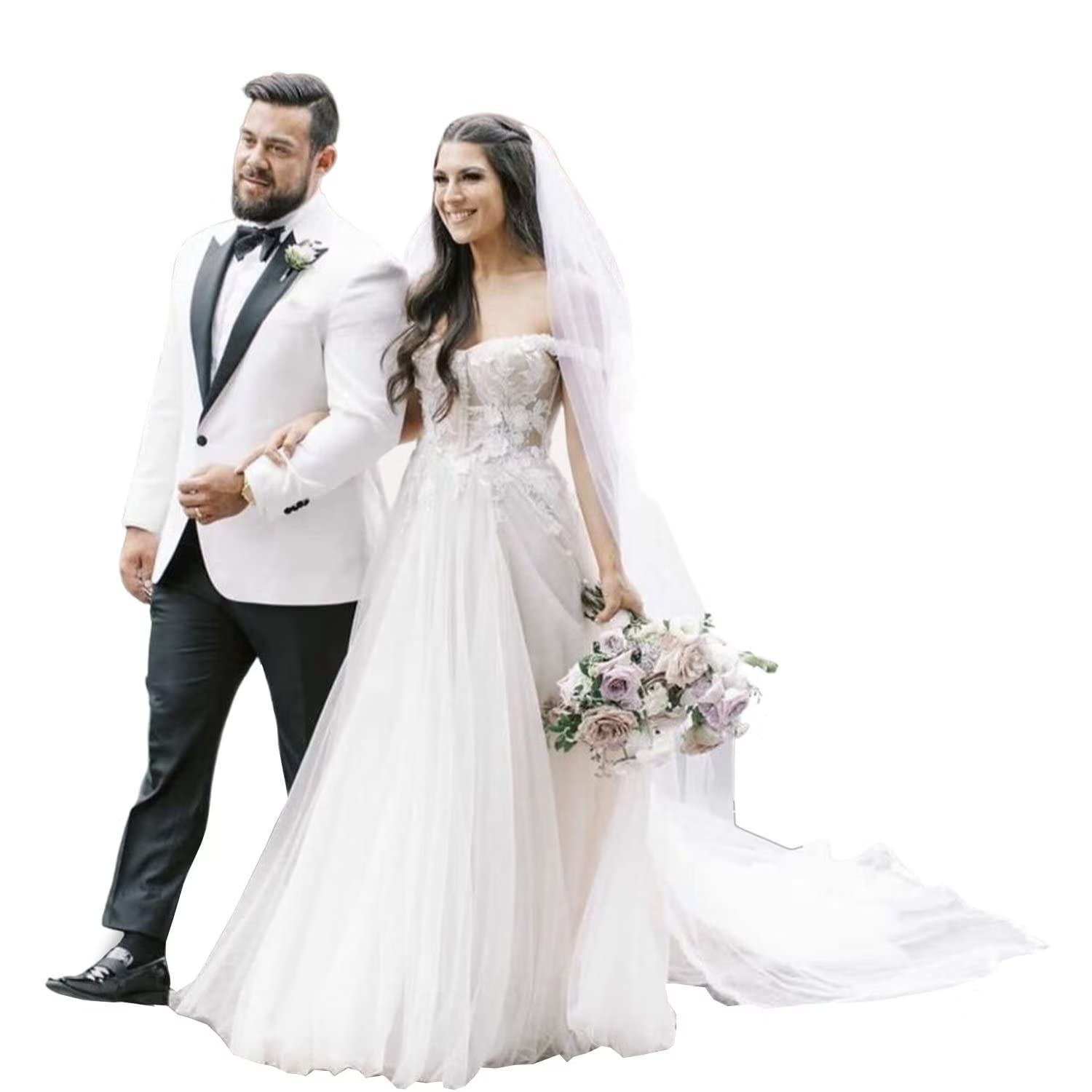 Hombre Traje de Novio Chaqueta Blanca con Solapa de Pico Negra y Pantalón Esmoquin de Padrino