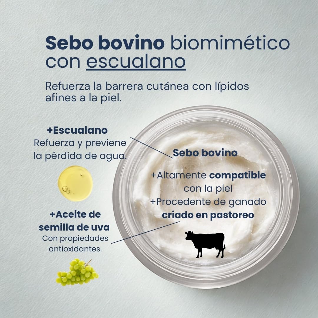 Crema Facial de Sebo de Res con Escualano – Bálsamo Tallow – Protectora y Luminosidad – Con Aceite de Semilla de Uva y Árbol de Té – Dermatológicamente Testado – 50 ml