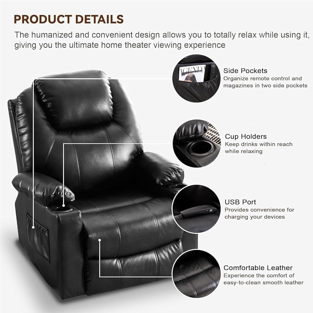 Electric Lift Recliner Chair for Elderly Adults Leather Sofa with Massage Heat Adjustable Recliner USB Type C Ports 2 Cup Holders Comfortable Living Room Seating