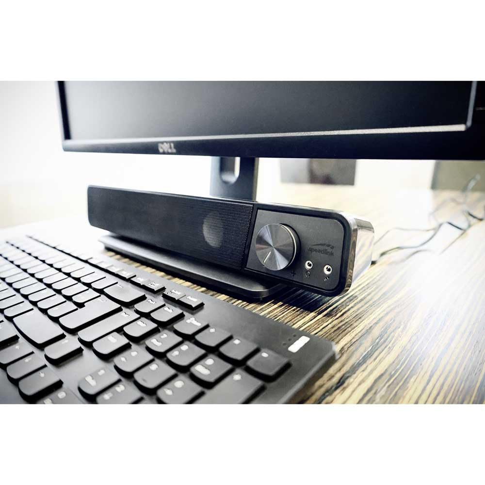 Speedlink BRIO soundbar stereo - per computer, eccellente qualità audio, 12 watt, design compatto, 2 connettori jack da 3,5 mm, presa USB A, regolatore del volume, presa per cuffie e microfono, nero