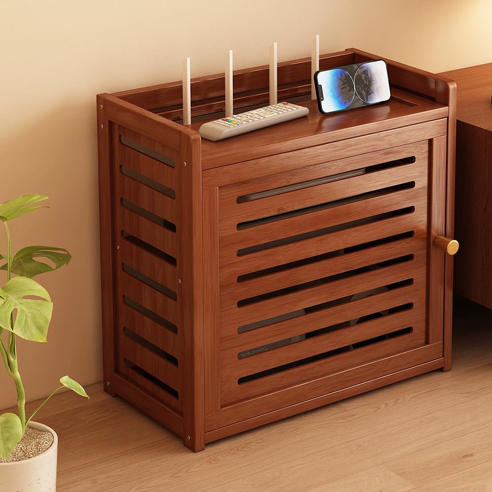HEFJIAYCIQ Wooden Router Storage Box, Decorative Modem Wifi TV Set-Top Shelf, Power Strip Cable Management Hider Rack,Brown,40.5x28x43cm