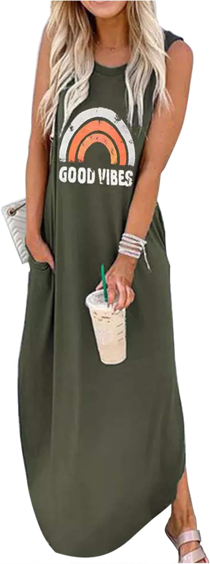 CHUNTIANRANGood Vibes Rainbow Pocket Sleeveless Maxi Dress for Women Summer Hawaiian Beach Casual Tank Dresses Plain T Shirt Dress
