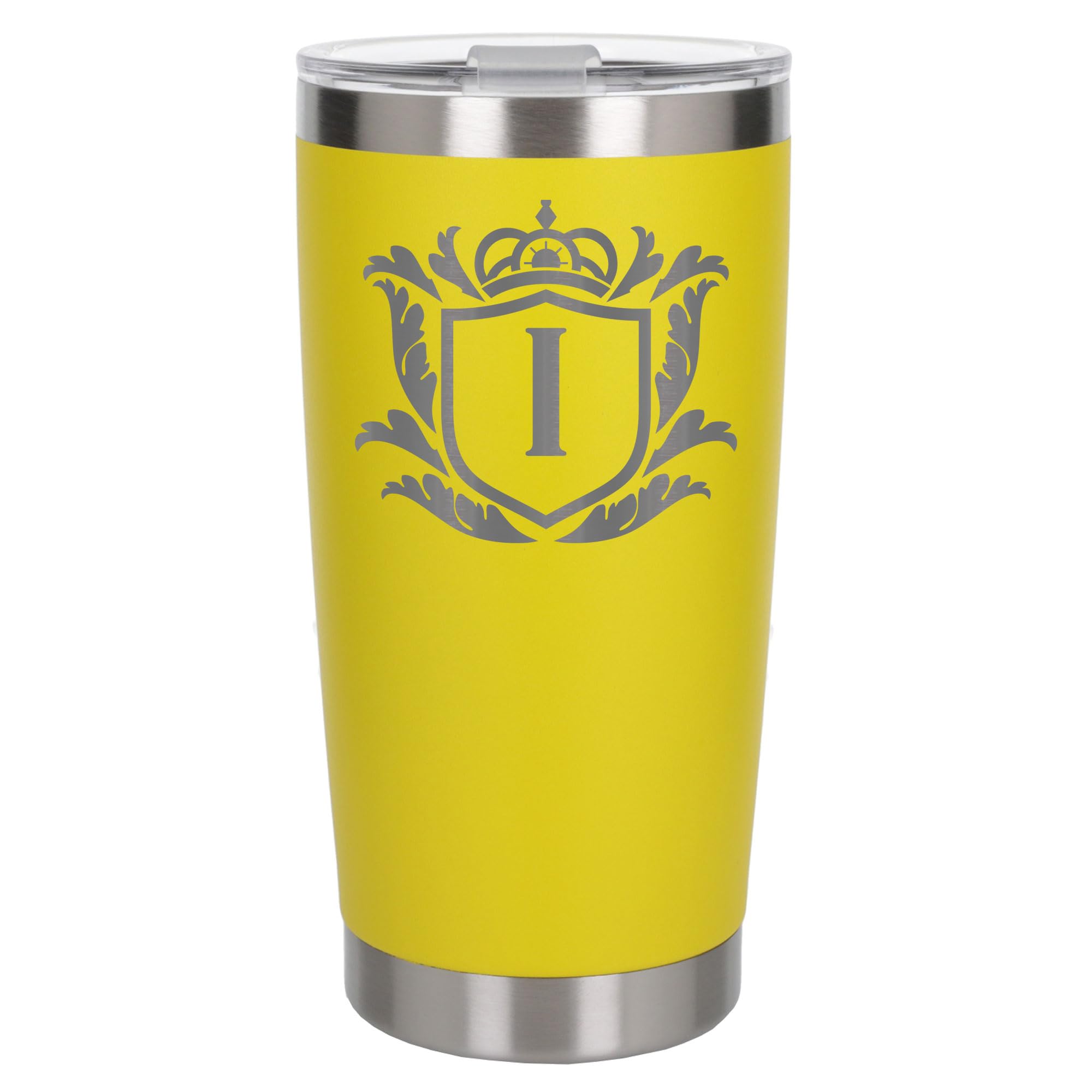 Customised Gifts 500ml Engraved Shield Initial Monogram Insulated Personalised Yellow Travel Mug for Men and Women - Personalised Initial Coffee Travel Mug for Hot and Cold Beverages, Letter I