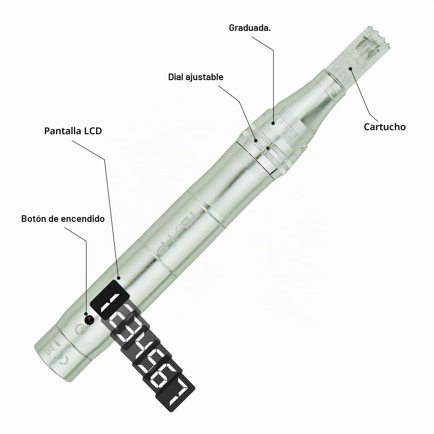 Dermapen con pantalla LCD y 7 niveles de velocidad de longitud ajustable (incluye cartuchos de 12 cabezales), color plateado