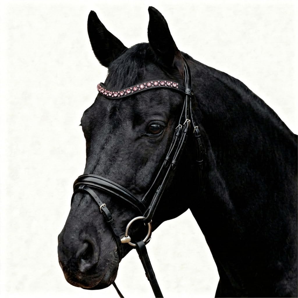 Pferdelinis Geschwungener Stirnriemen mit funkelnden Kristallen in Silberoptik – sorgt für einen stilvollen und glamourösen Auftritt im Training und auf dem Turnier (Schwarz-Pink, Warmblut (Full))
