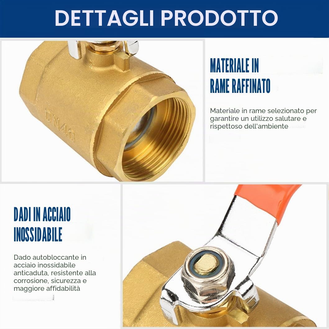 Valvola a Sfera in Ottone DN40 1 1/2 Pollici, Chiusura Valvole a Sfera con Filettatura Femmina Valvole Aria Acqua 1,6 MPa