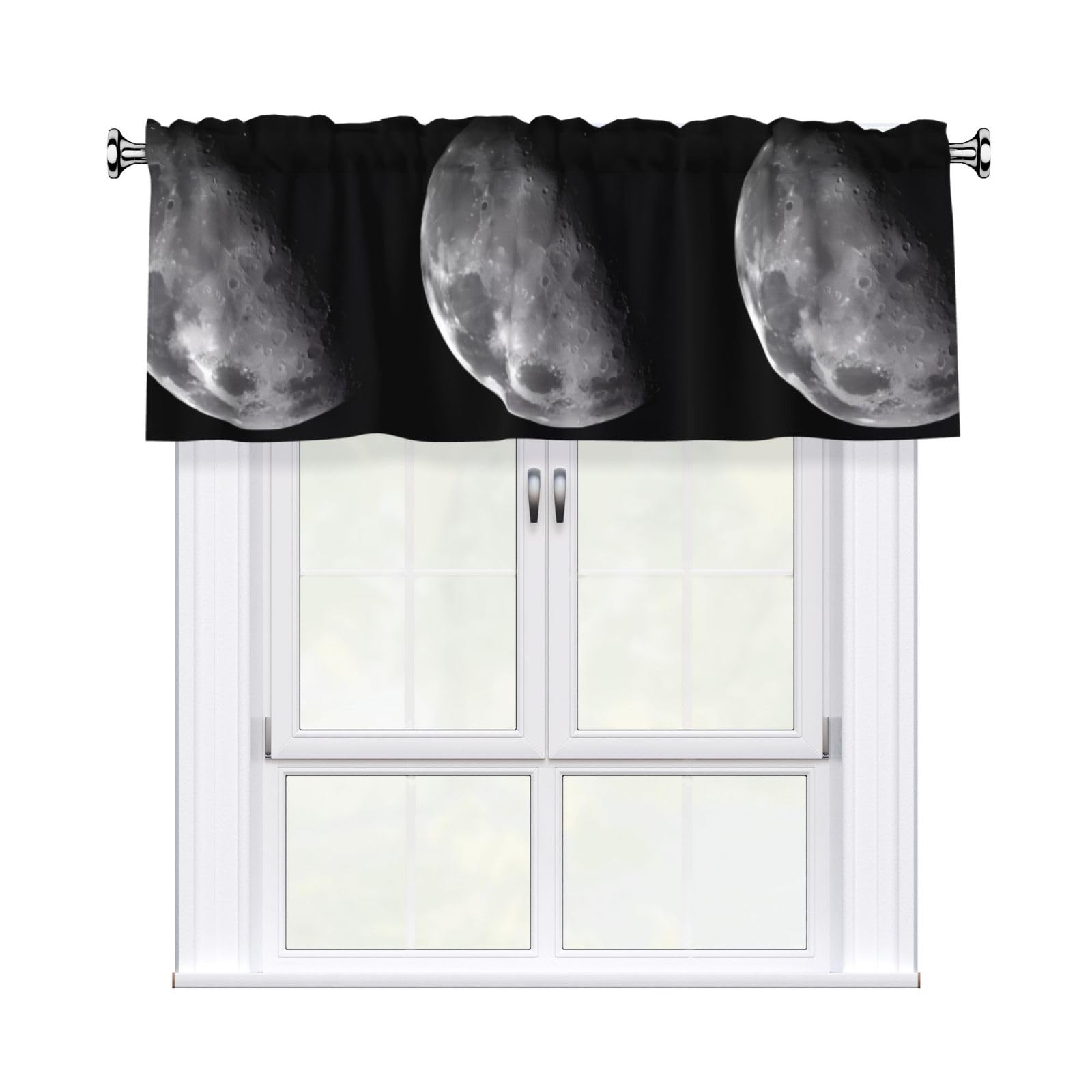 WHJDPP Black Background Moon Prints Curtain Valance 54x18 Inch - Peach Skin Window Cover with Printed Design, Filtering Light for Kitchen Decor