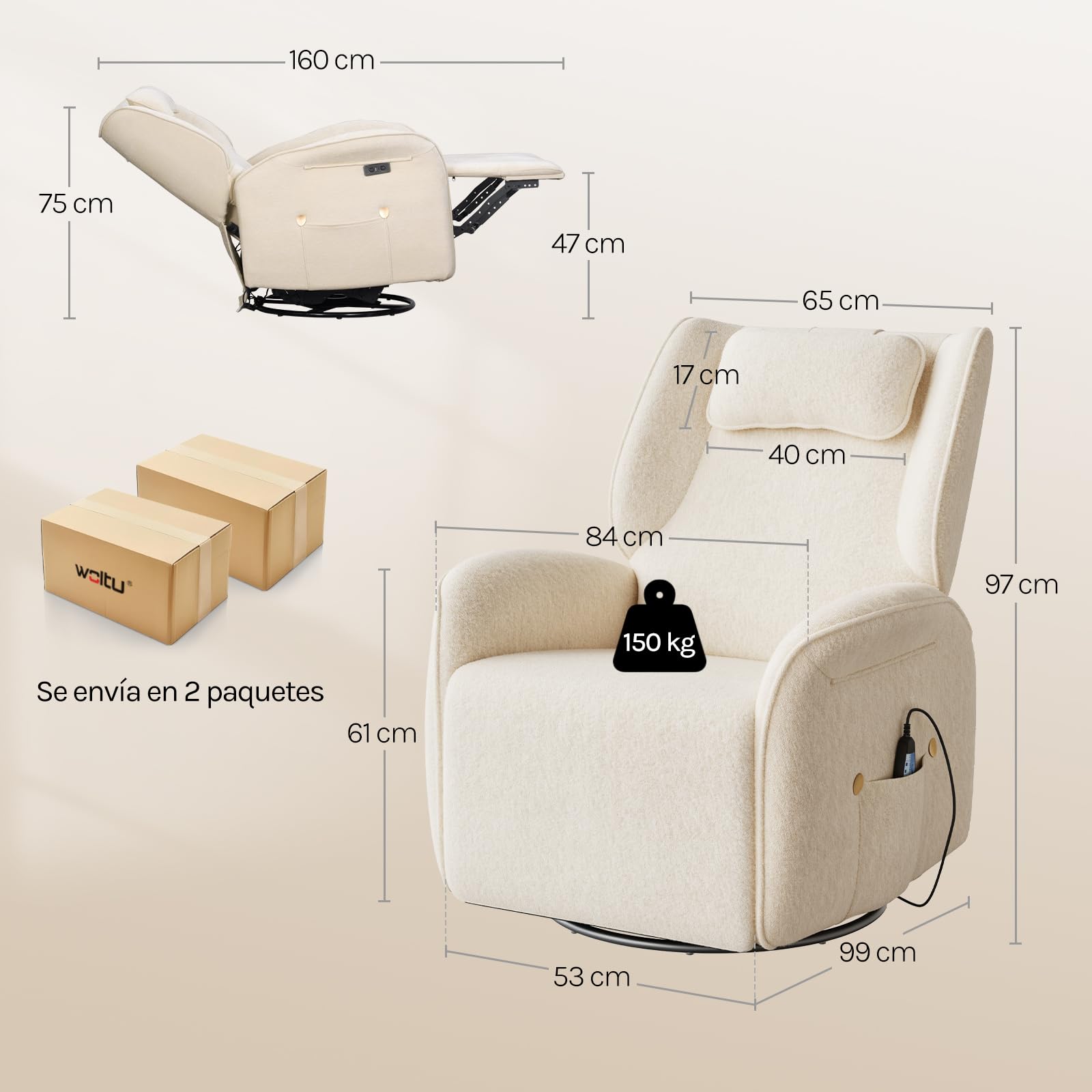 WOLTU Sillón Reclinable, de Masaje con Calefacción en Zona Lumbar, Beige | Sofá Relax Giratorio Tapizado en Chenilla, Reposacabezas, Bolsillos, Puerto USB, Capacidad de Carga 150 kg