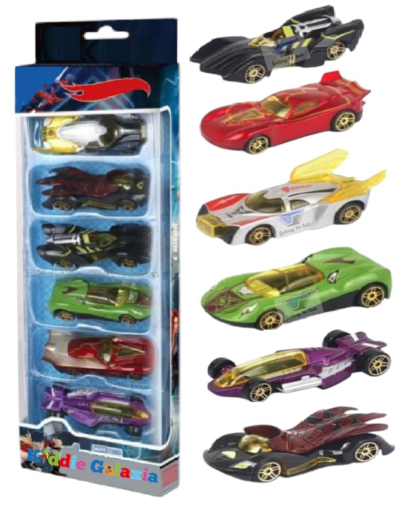 Image of Galaxy Hi-Tech Super Hero Metal Cars 6 Pcs Vehicles, Racing Cars Play Set for Toddlers,Boys Die-Cast Car Set, Cake Decorations Topper Birthday Gift Movie Vehicle Small Racing Car for Kids