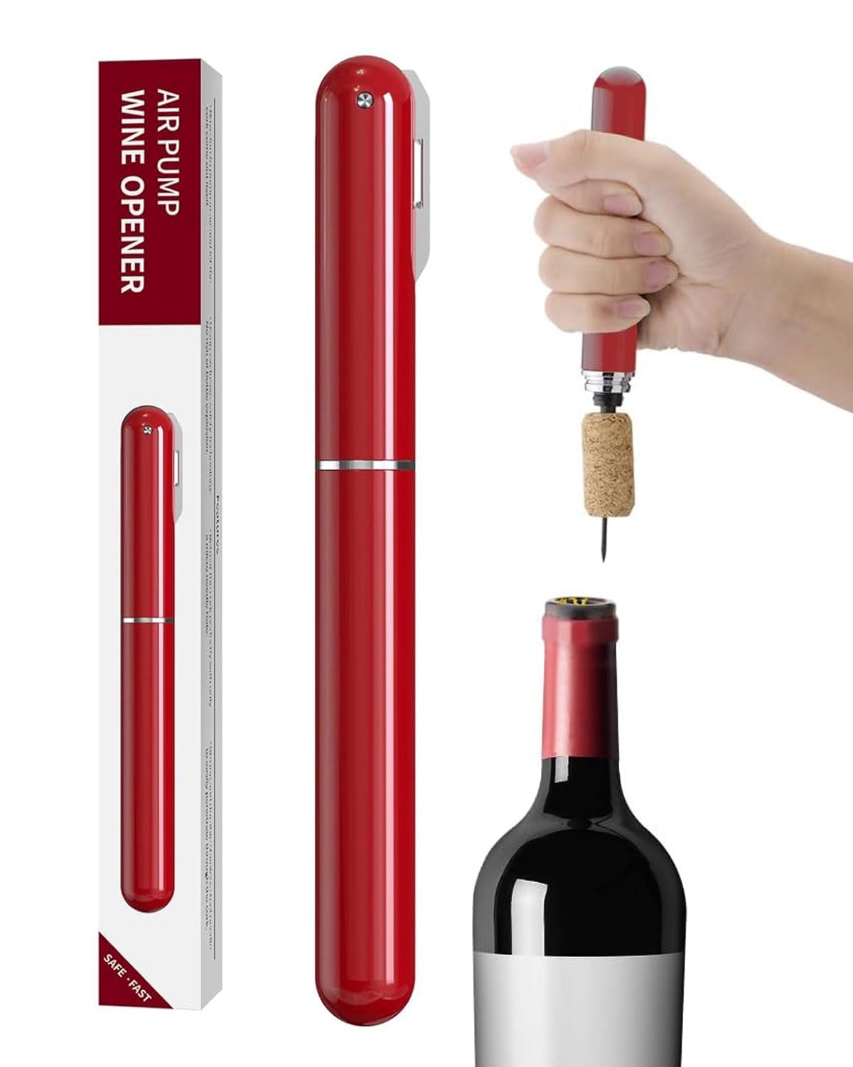 Abridor de vino a presión de aire 2 en 1 con cortador de papel de aluminio, abridor de botellas, sacacorchos con bomba de aire portátil, el mejor regalo para los amantes del vino,rojo