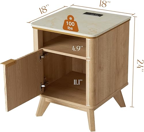 Miniatura 2 de QUW Mesita de noche acanalada con estación de carga, mesita de noche con almacenamiento abierto y gabinete, mesa auxiliar moderna de 18 pulgadas,