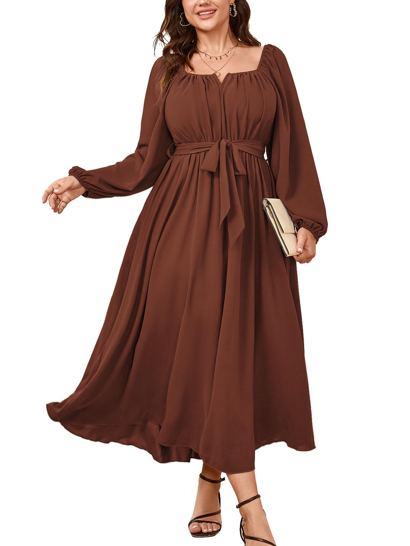SCOMCHIC Women Plus Size Maxi Dress Long Sleeve Square Neck Wedding Guest Cocktail Belted Elegant Flowy A Line Long Dresses, Rust, XXL Plus