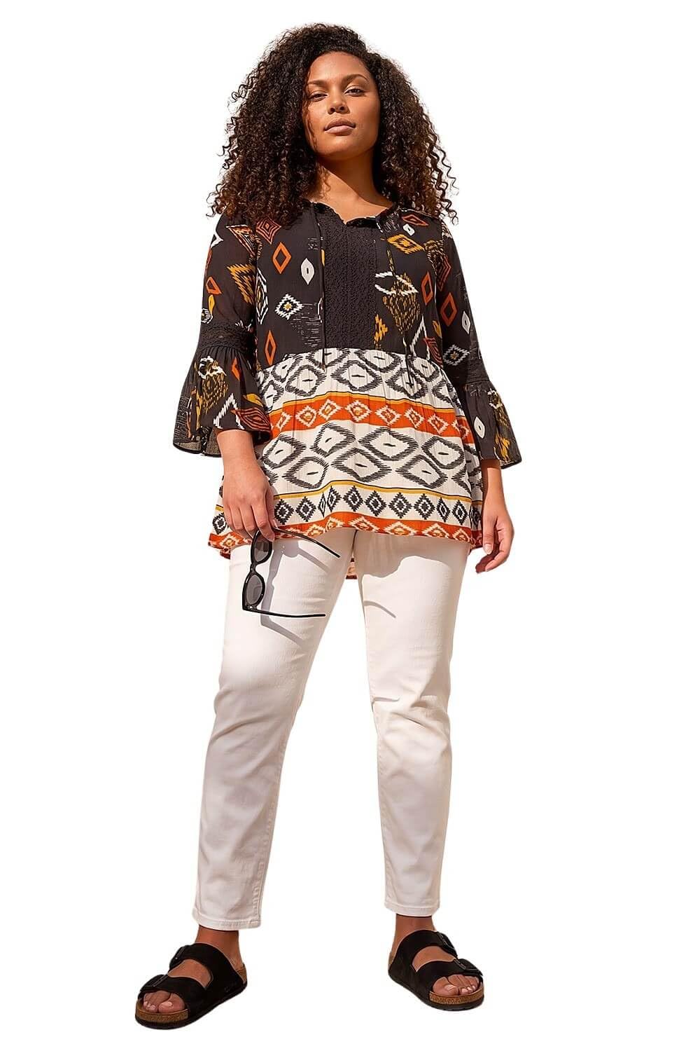 Roman Women's Curve Ikat Print Woven Top in Orange | Size: 22-24