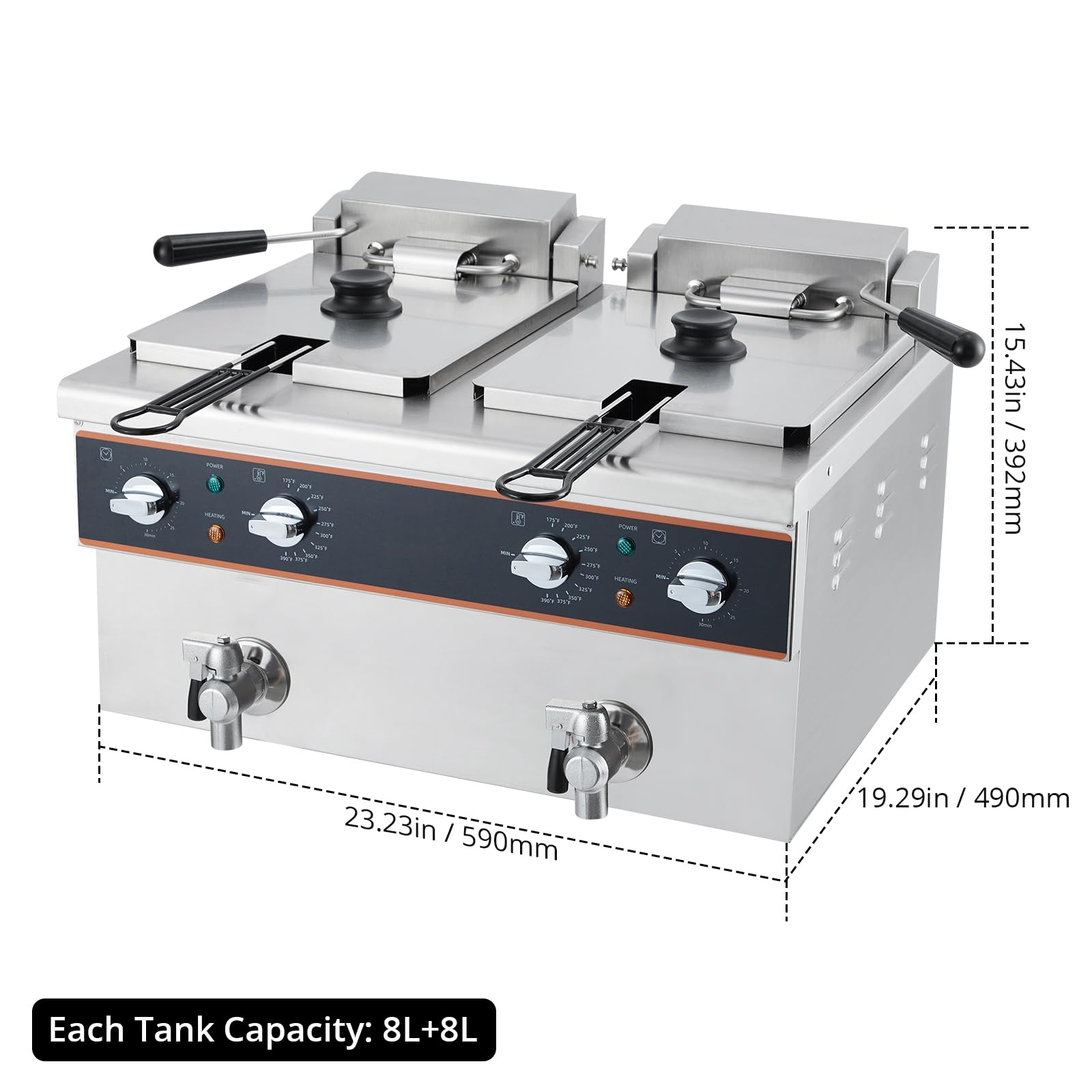 MilleLoom Commercial Deep Fryer with Faucet - 3600W, 16.9QT/16L Capacity, Detachable Stainless Steel Design, Electric Countertop Fryer, Temperature Control & Timer for Restaurant or Home Use
