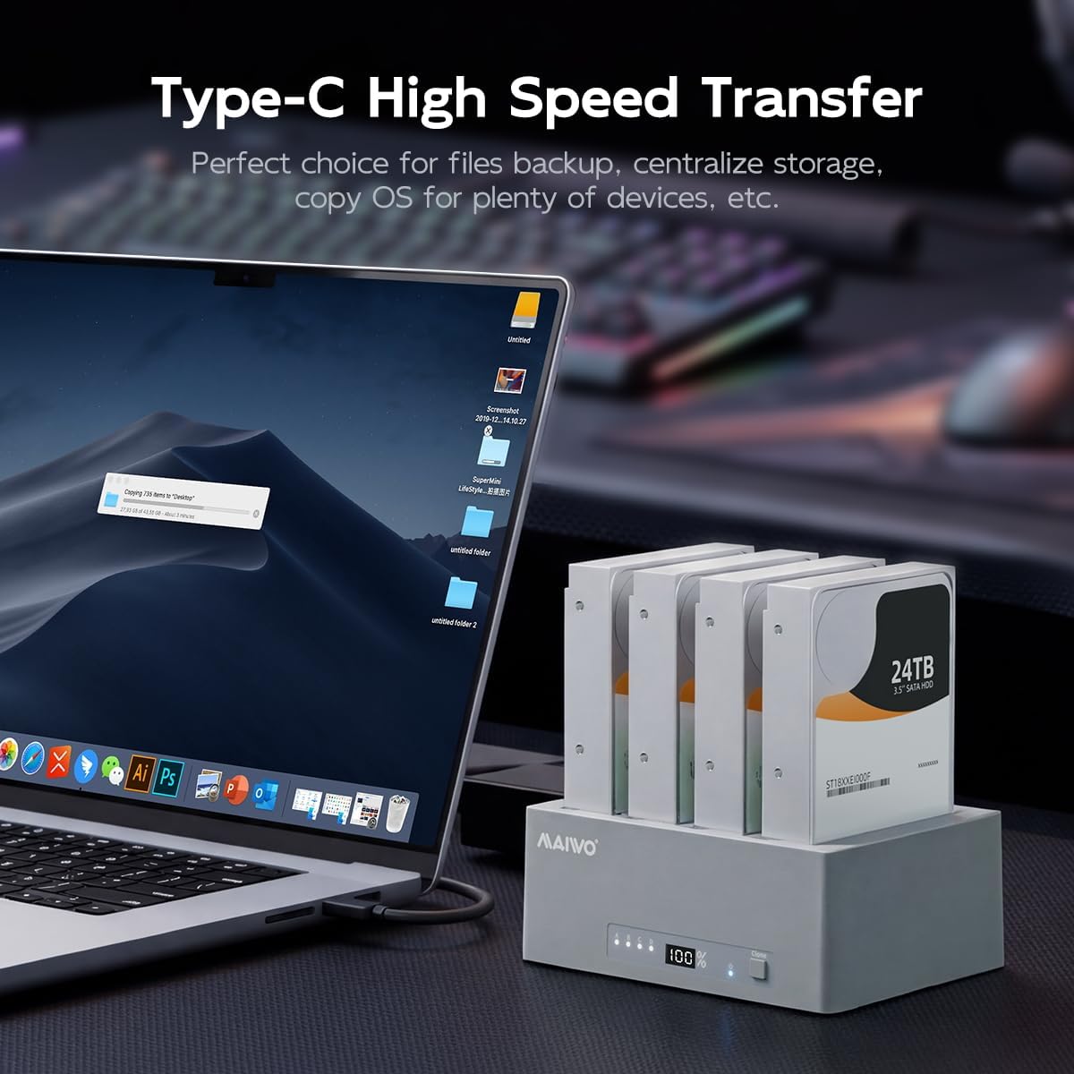 MAIWO 4 Bay Hard Drive Cloner, 2.5/3.5 Inch SATA SSD/HDD Docking Station with Offline Clone, 5Gbps USB 3.0 to SATA Adapter with UASP, SATA III Chipset, Up to 96TB