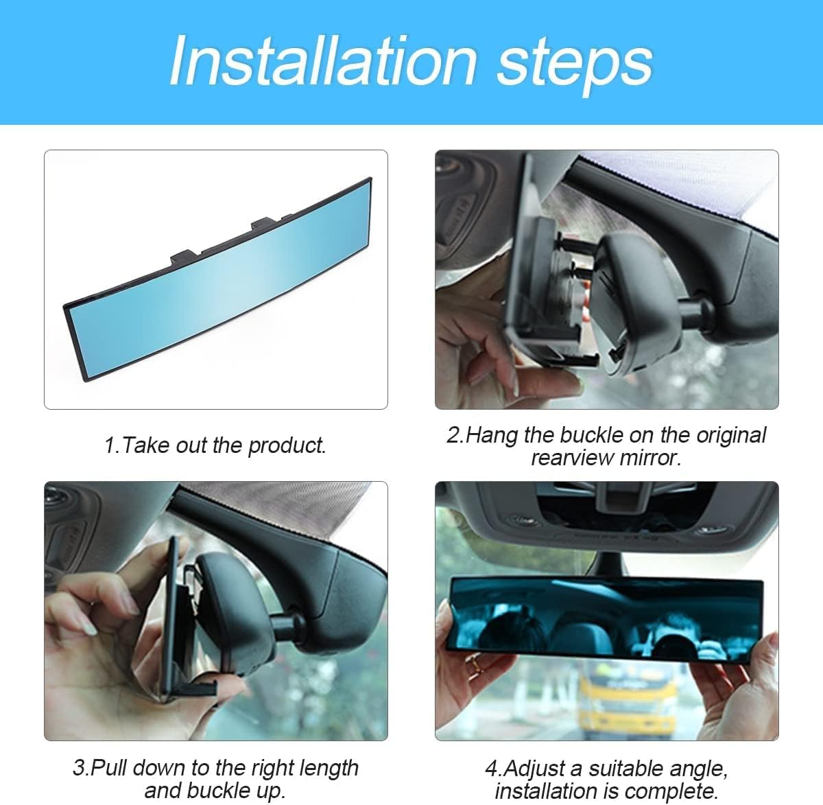 XINLIYA Car Rearview Mirror, 12 Inch Panoramic Wide Angle Anti-Glare, Clip on Auto Rear View Mirror, HD Clear Convex Surface, Car Interior Accessories Universal for SUV, Truck, Van, Vehicles (Blue)