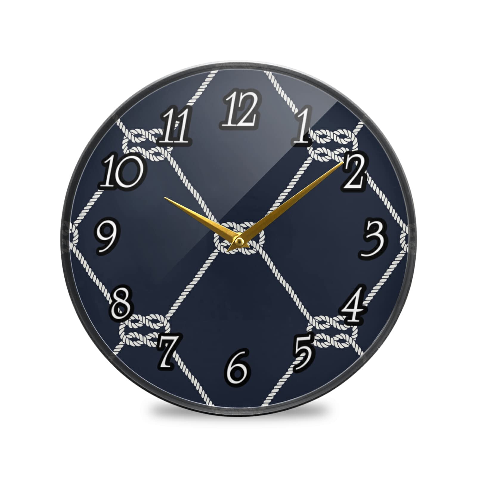 White Nautical Rope Loop Square Knots on Marine Dark Navy Blue Acrylic Wall Clock, Silent Non-Ticking Easy to Read Round Decorative Wall Clock Art for Living Room Home Office School 12 Inch