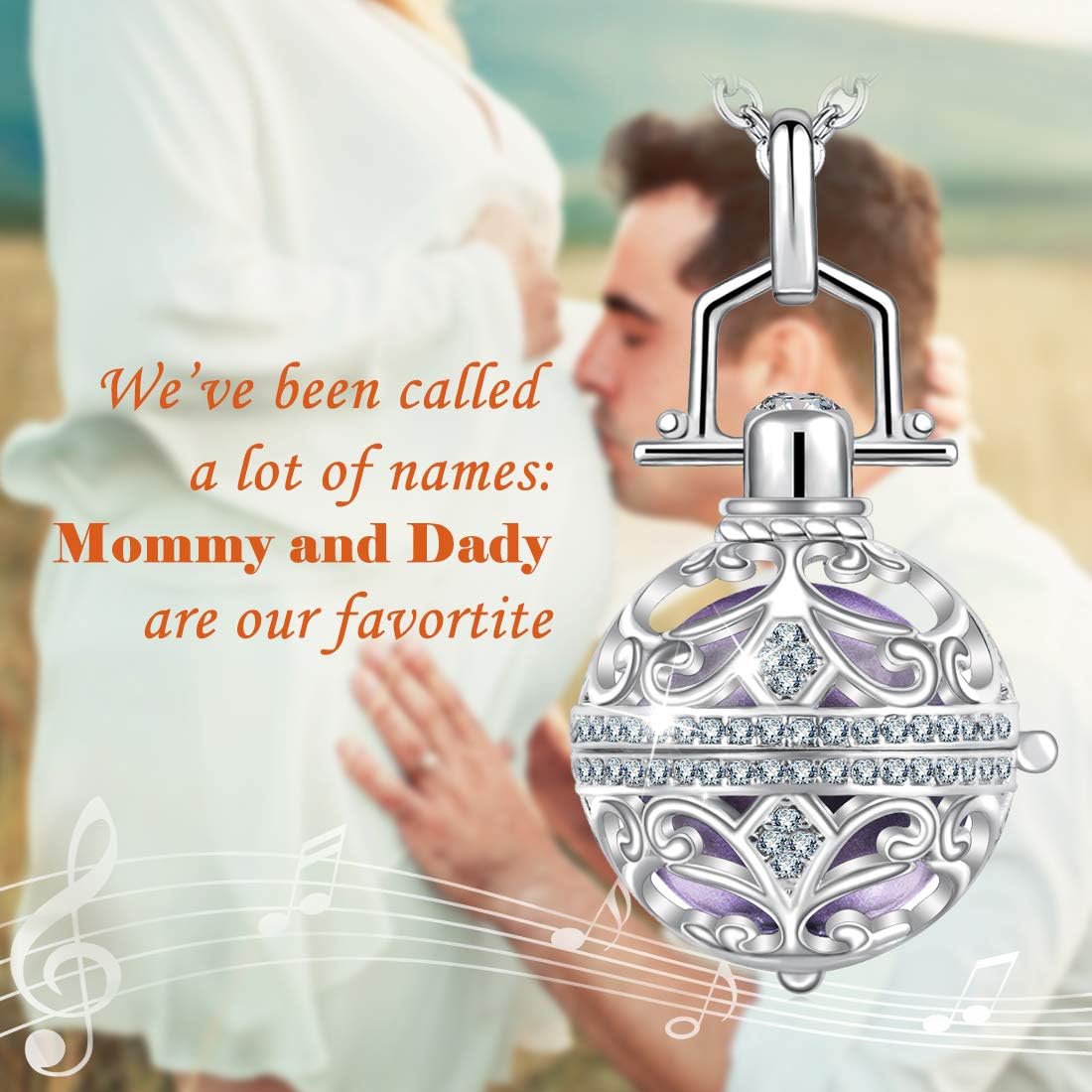 AEONSLOVE Harmony Ball Pregnancy Bola Necklace, Vintage Cubic Zirconia Harmony Ball Locket Angel Chime Caller Bell 18mm Mexican Bola Balls Pendant Necklaces for Women, 30"/45'' Chain