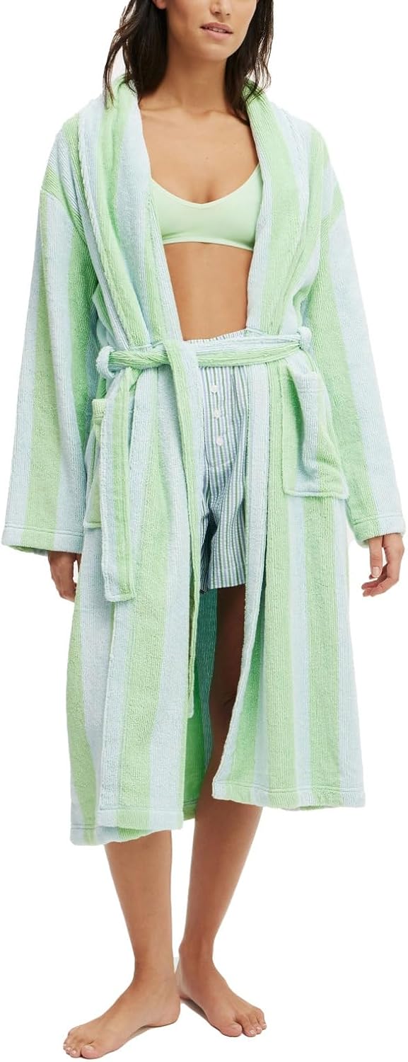 Women Fluffy Robe Soft Shawl Collar Striped Plush Bathrobe Cute Lightweight Fuzzy Warm Gown with Pocket