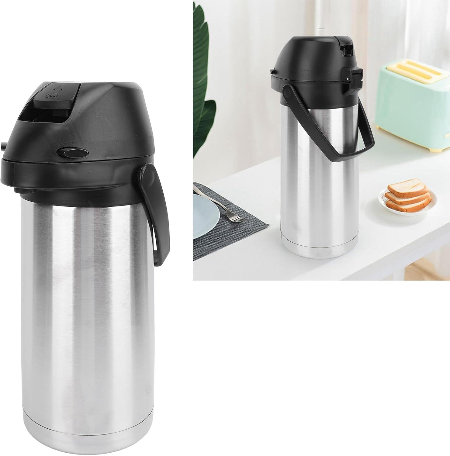Tea Flask with Pump, Insulated Stainless Steel Thermal Coffee Dispenser with Pump for Hot/Cold Beverages, 1.6L Capacity Carafe for Party, Office, Outdoor Use
