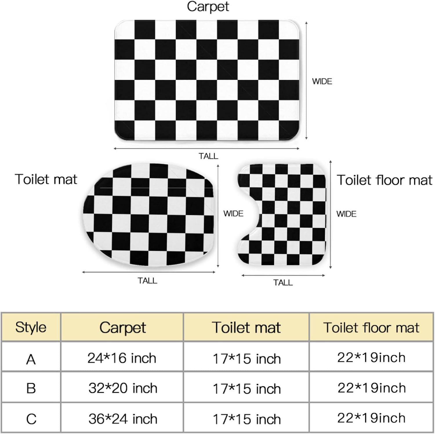 Black White Race Checkered Flag Pattern Bathroom Rug Mat Set 3 Piece Bath Mat Toilet Lids U-Shape Contour Rug Soft Non Slip Absorbent Bathroom Decor - B (20 x 32 inches)