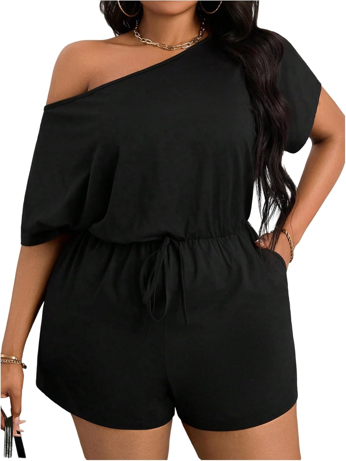 SOLY HUX Women's Plus Size Off The Shoulder Short Jumpsuits Summer Short Sleeve Rompers with Pocket