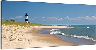 Large Canvas Wall Art for Bedroom Lighthouse Beach Coastline Michigan Shore Great Lakes Framed Art Prints Wall Decor for Bathroom Ready to Hang Western Home Decor 30''x60''