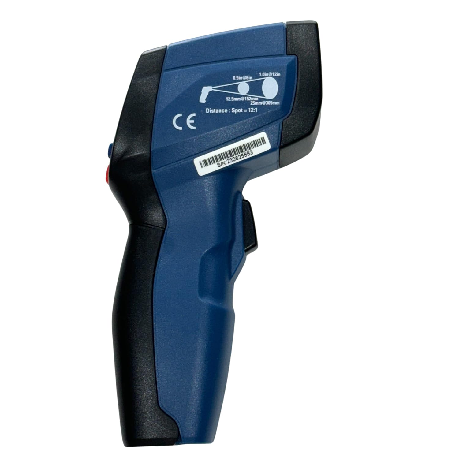 Side view of CEM DT820V thermometer showing distance to spot ratio diagram