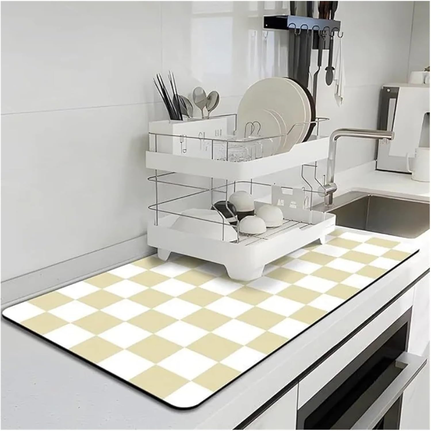 Dish Drying Mat Checkered Print Kitchen Rugs Dish Drying Mat Absorbent Drain Pad Carpet Coffee Drainer Draining Tablemat(4,50x80cm)